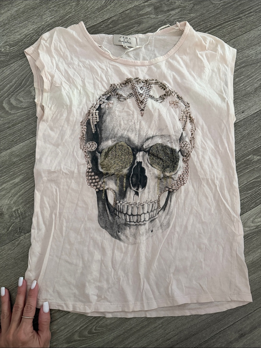 Zara Pale Pink Embellished Skull Short Sleeve Tee